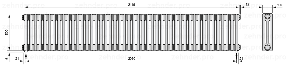 Схема (чертеж) Радиатор Zehnder Charleston 3050/46 №5310 Белый глянцевый RAL 9016